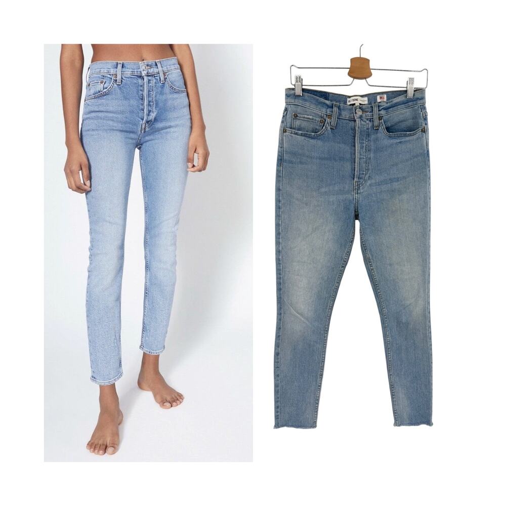 RE/DONE Originals High Rise Ankle Crop Jeans Light Wash Raw Hem Size 28